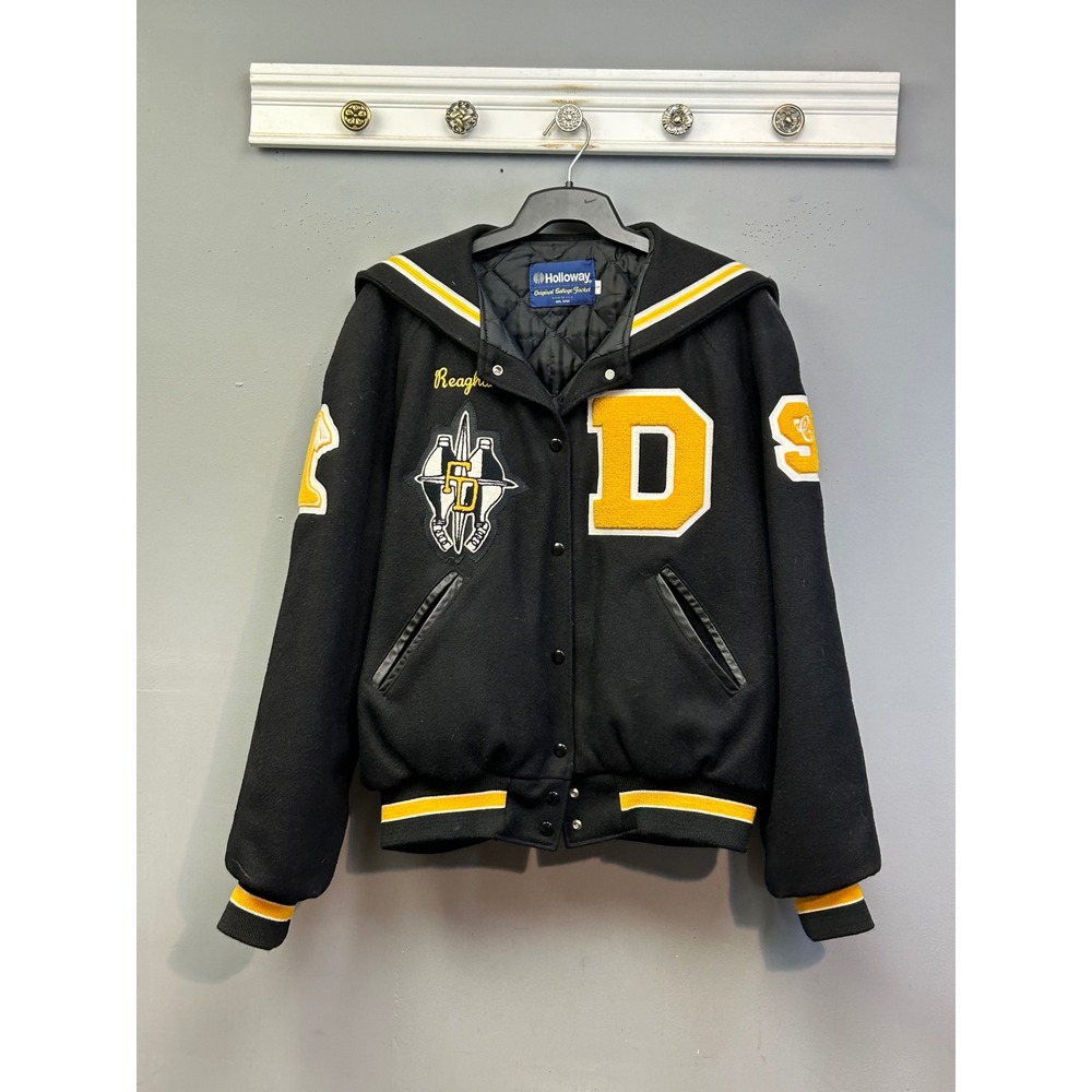 Holloway Varsity Jacket Womens L Black Yellow Northstarette Sailor Hood 90s USA